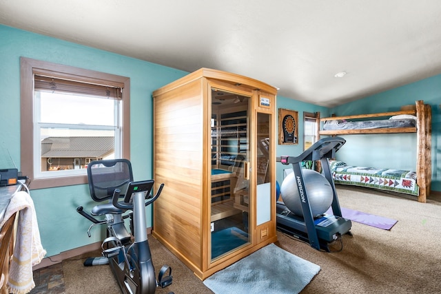 exercise room featuring carpet flooring and vaulted ceiling