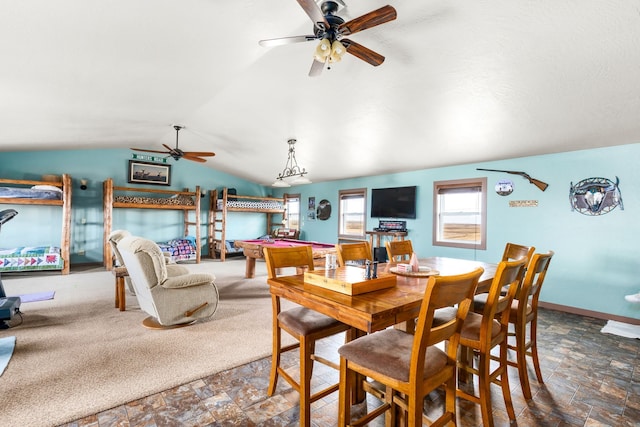 dining area with ceiling fan, vaulted ceiling, and billiards