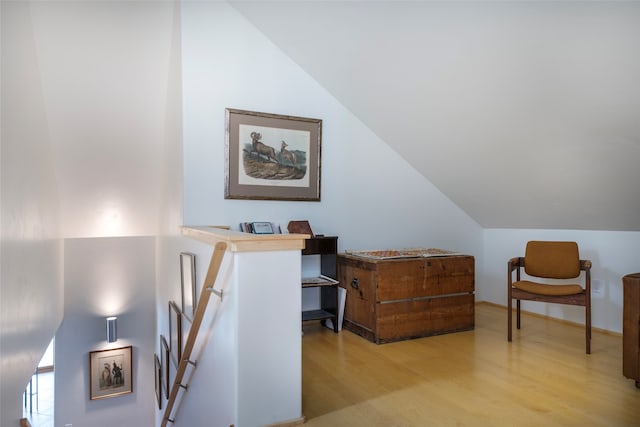 office with light hardwood / wood-style floors and vaulted ceiling