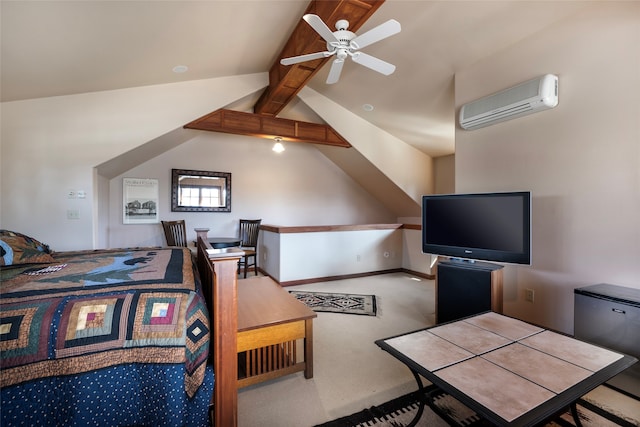 carpeted bedroom with ceiling fan, lofted ceiling with beams, and a wall unit AC