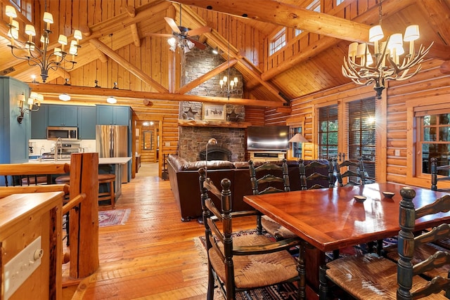 770 Pallo Trl, Hamilton, MT 59840 - dining room featuring a chandelier, rustic walls, high vaulted ceiling, light wood-type flooring, and a ceiling fan