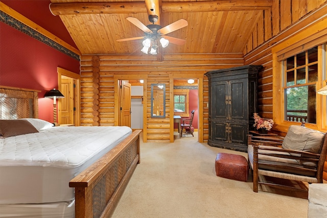 carpeted bedroom featuring log walls, wooden ceiling, and multiple windows