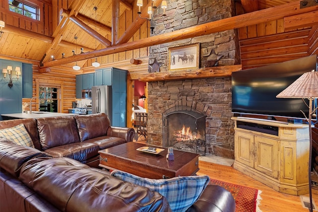 770 Pallo Trl, Hamilton, MT 59840 - living room featuring light wood-type flooring, high vaulted ceiling, a stone fireplace, rustic walls, and a wooden ceiling with exposed beams