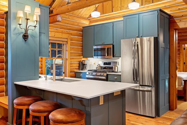 770 Pallo Trl, Hamilton, MT 59840 - kitchen with appliances with stainless steel finishes, log walls, light wood finished floors, a peninsula, and light countertops