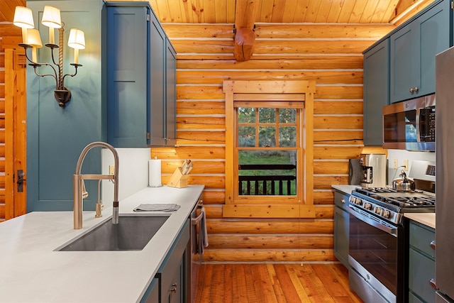 kitchen featuring wood-type flooring, stainless steel appliances, rustic walls, sink, and wooden ceiling