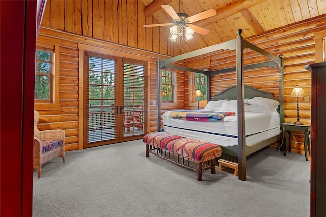 770 Pallo Trl, Hamilton, MT 59840 - bedroom with rustic walls, access to outside, carpet, a wooden ceiling with exposed beams, and high vaulted ceiling