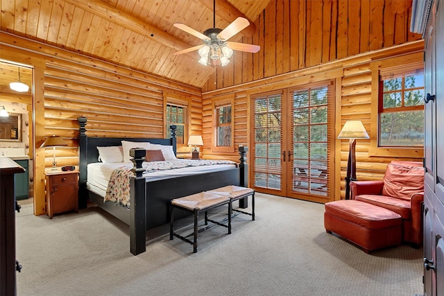770 Pallo Trl, Hamilton, MT 59840 - bedroom with french doors, a wooden ceiling with exposed beams, light carpet, access to outside, and multiple windows