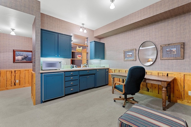 770 Pallo Trl, Hamilton, MT 59840 - home office featuring wallpapered walls, a wainscoted wall, light carpet, and wood walls