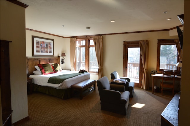 bedroom featuring dark colored carpet and ornamental molding