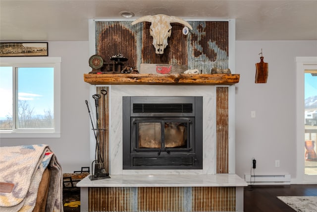 interior details featuring a baseboard radiator and hardwood / wood-style flooring