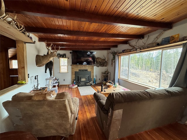 living room with dark hardwood / wood-style flooring, a wood stove, beamed ceiling, and wood ceiling