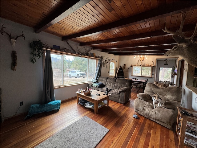 living room with wood ceiling, beam ceiling, and dark hardwood / wood-style flooring