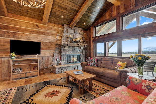 living room featuring wood ceiling, a fireplace, wood walls, beam ceiling, and hardwood / wood-style floors