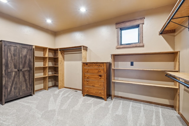 walk in closet with light colored carpet