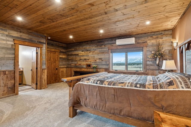 bedroom featuring wood ceiling, wood walls, light carpet, and a wall unit AC