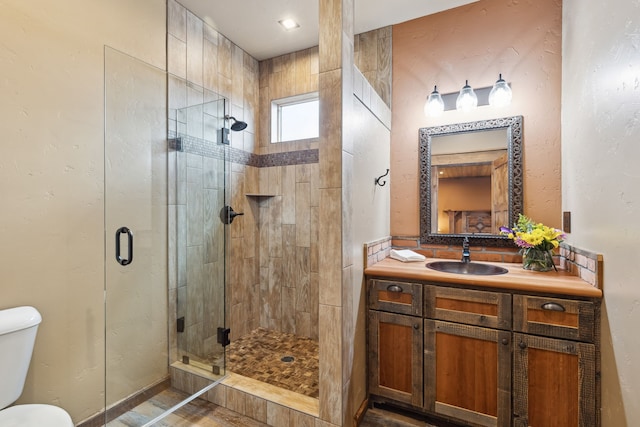 bathroom featuring a shower with door, vanity, and toilet