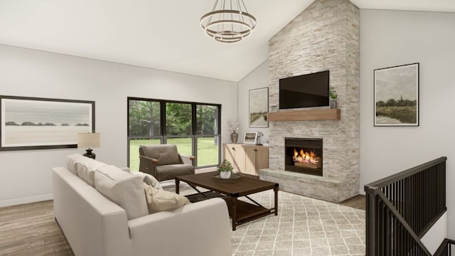 living room featuring high vaulted ceiling, a fireplace, a chandelier, and light wood-type flooring