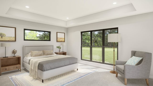 carpeted bedroom with a raised ceiling