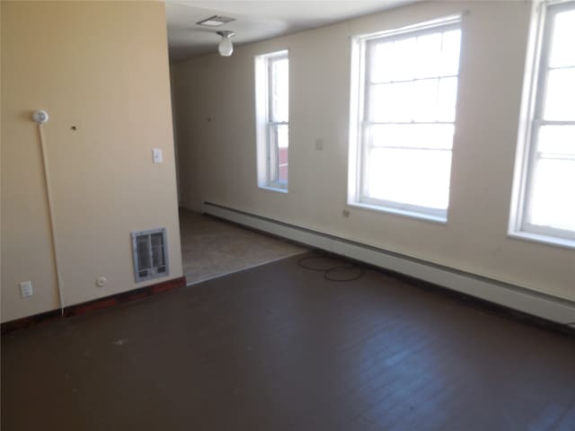 spare room featuring a baseboard radiator and dark wood-type flooring