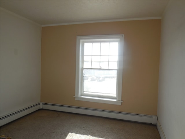 carpeted empty room featuring a baseboard radiator