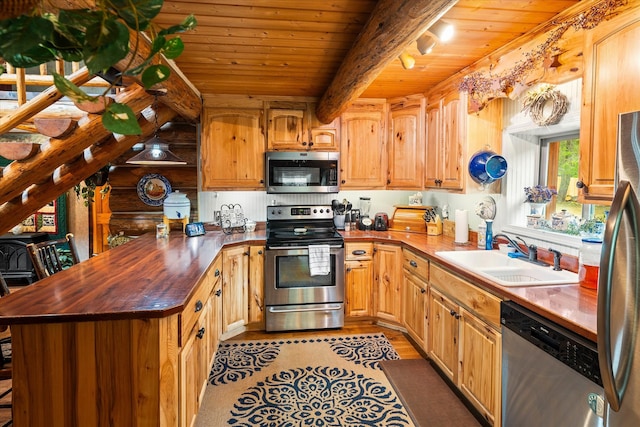 kitchen featuring appliances with stainless steel finishes, sink, light hardwood / wood-style flooring, beamed ceiling, and wood ceiling