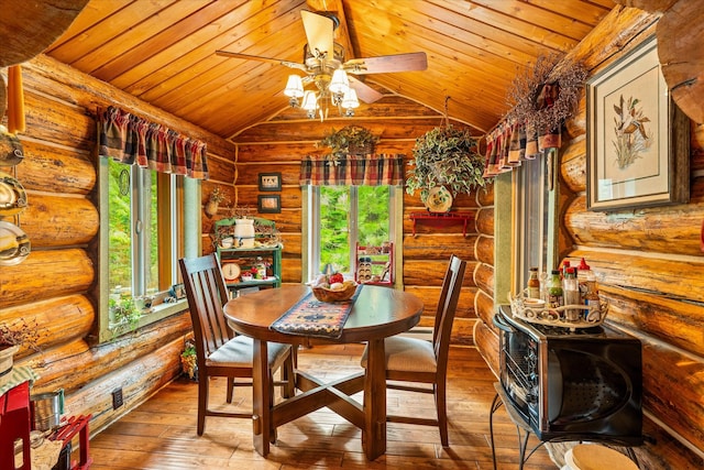 dining room with hardwood / wood-style floors, vaulted ceiling, ceiling fan, and wood ceiling