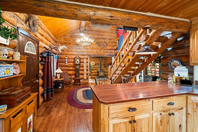 kitchen featuring butcher block countertops, wood ceiling, lofted ceiling with beams, dark wood-type flooring, and light brown cabinets