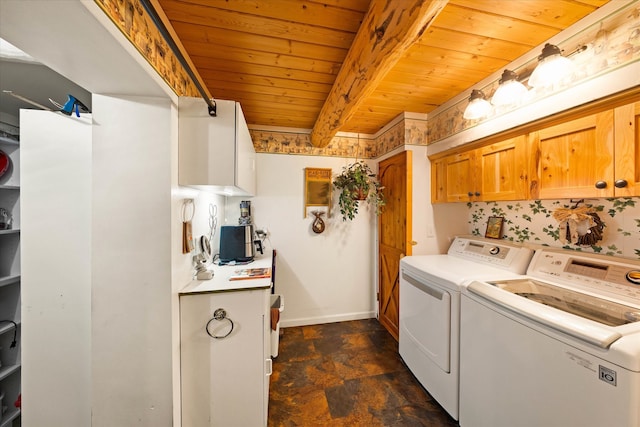 laundry area with wooden ceiling and separate washer and dryer