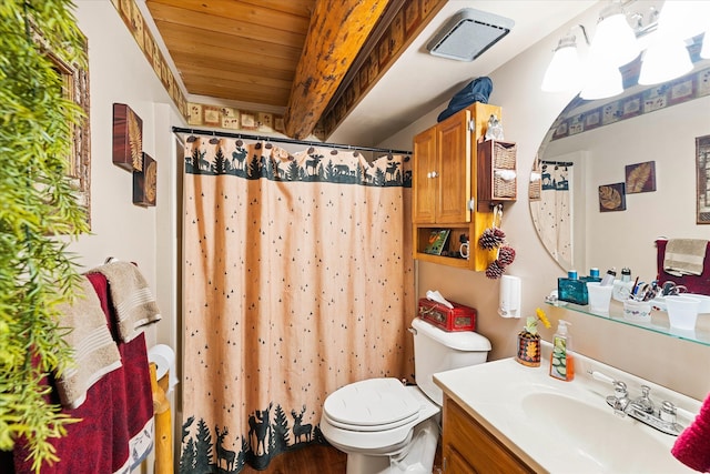 bathroom with toilet, vanity, and wooden ceiling