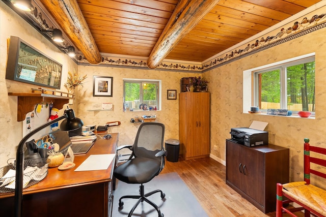 office area with beamed ceiling, wooden ceiling, and light hardwood / wood-style floors