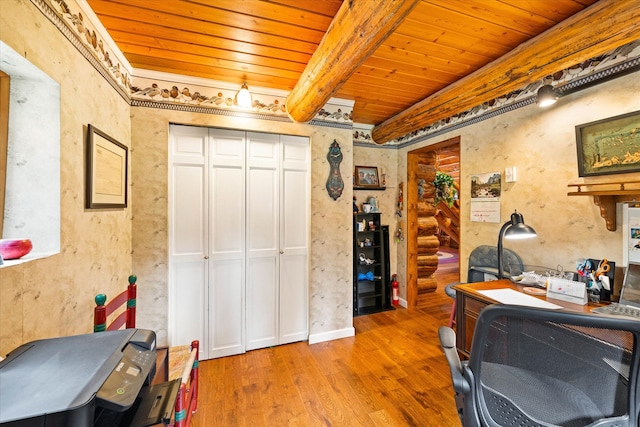 home office with beam ceiling, wood-type flooring, and wooden ceiling