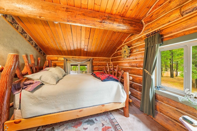 bedroom with carpet floors, wooden ceiling, vaulted ceiling with beams, and log walls