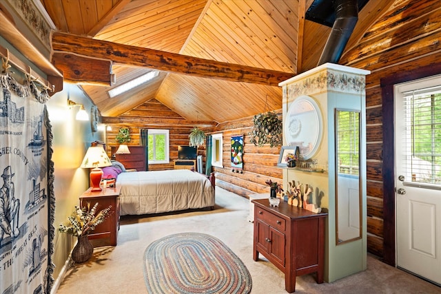 bedroom with light carpet, wooden ceiling, and lofted ceiling with beams