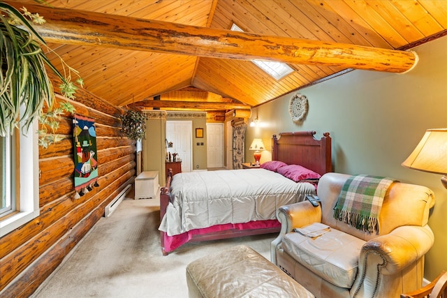 bedroom featuring carpet, wooden ceiling, a baseboard radiator, rustic walls, and lofted ceiling with skylight