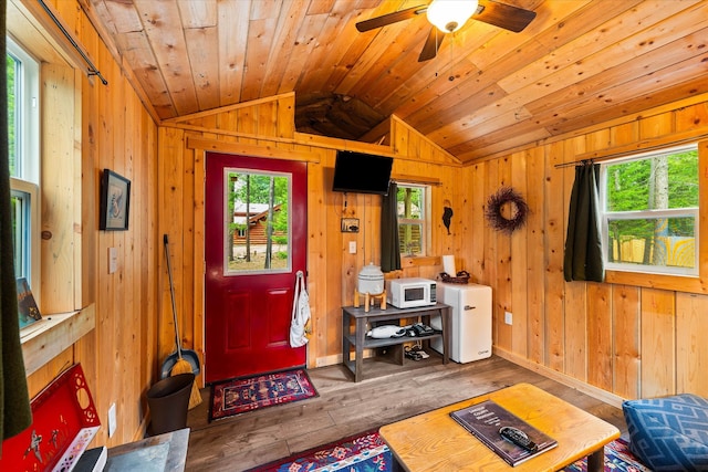 living room with vaulted ceiling, wooden walls, and a wealth of natural light