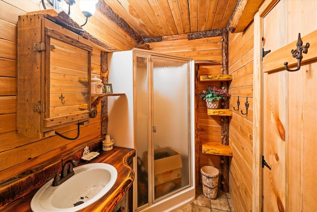 bathroom with vanity, a shower with door, wood walls, and wooden ceiling