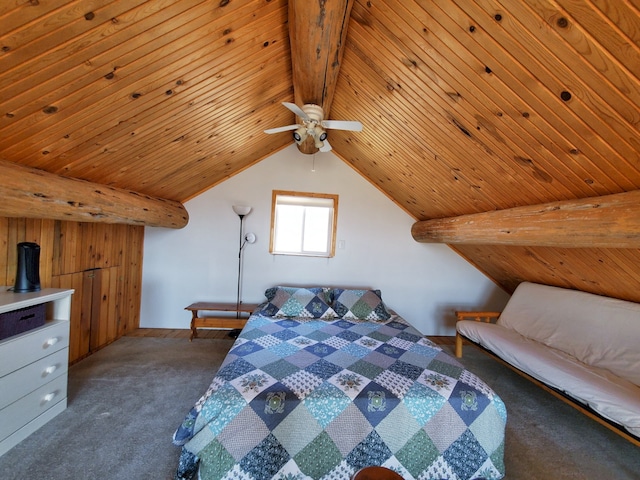 unfurnished bedroom featuring wooden ceiling, ceiling fan, vaulted ceiling with beams, and dark carpet