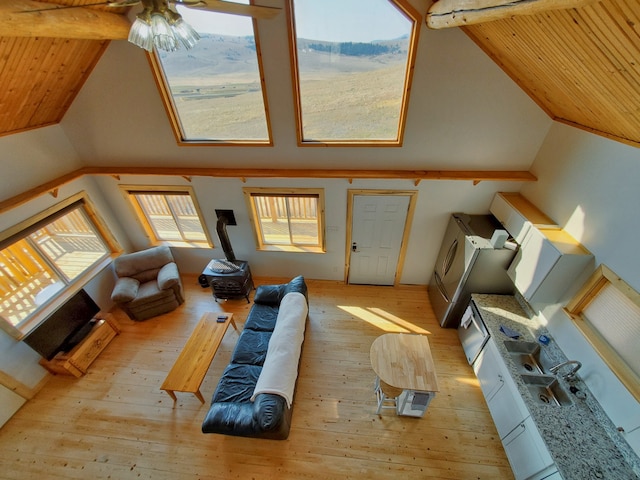 living room with high vaulted ceiling, beam ceiling, ceiling fan, a wood stove, and light wood-type flooring