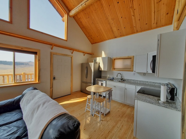 kitchen with beamed ceiling, white cabinetry, stainless steel appliances, light wood-type flooring, and wood ceiling