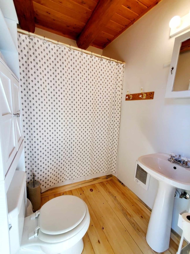 bathroom with wooden ceiling, toilet, and wood-type flooring