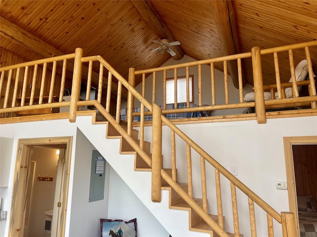 stairway featuring high vaulted ceiling, beam ceiling, wooden ceiling, and ceiling fan