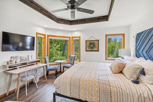 bedroom with a tray ceiling, wood finished floors, and recessed lighting