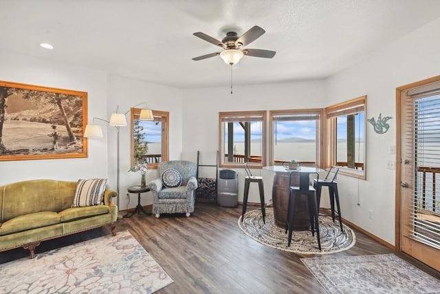 dining room with wood finished floors, a ceiling fan, and baseboards