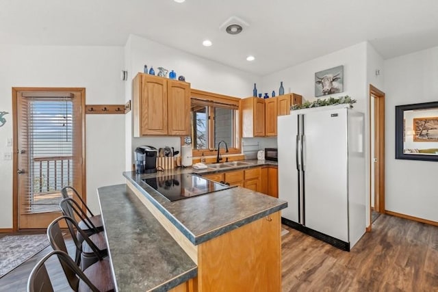 kitchen featuring dark countertops, black appliances, dark wood-style flooring, and a sink