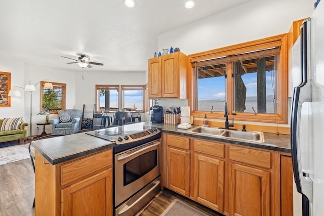 kitchen featuring a peninsula, a sink, freestanding refrigerator, stainless steel electric range oven, and dark countertops