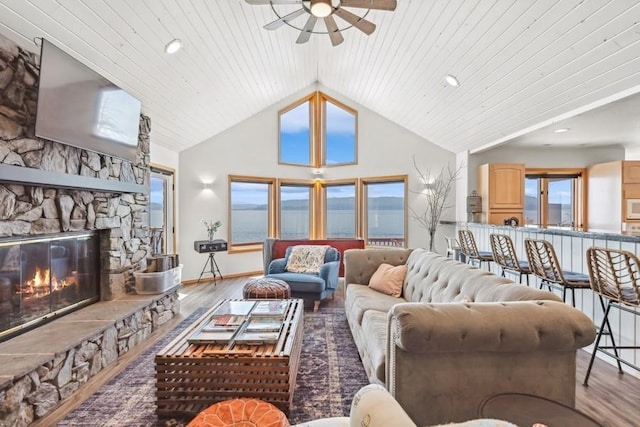 living room with a fireplace, wood finished floors, and wooden ceiling