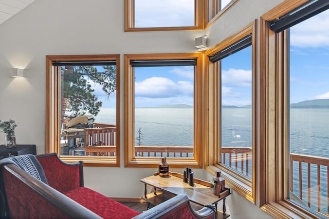 interior space featuring a water view, plenty of natural light, and vaulted ceiling