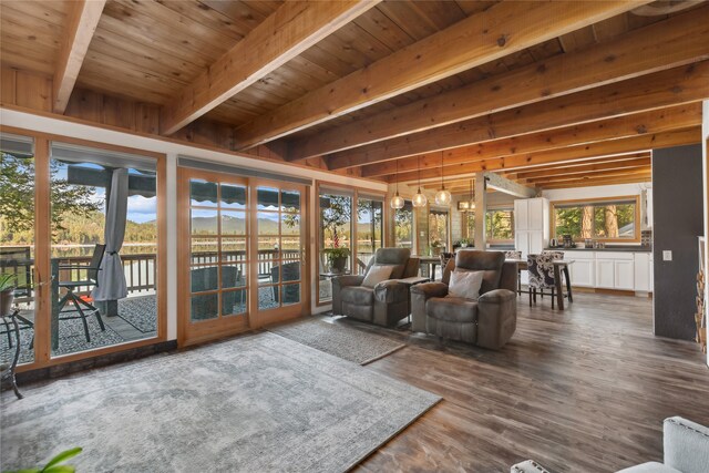 sunroom with a wealth of natural light, beam ceiling, and wooden ceiling