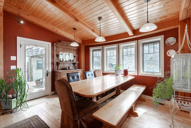 dining area with vaulted ceiling with beams, light wood-type flooring, and wood ceiling