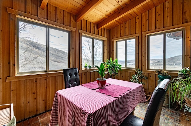 sunroom featuring vaulted ceiling with beams and wooden ceiling